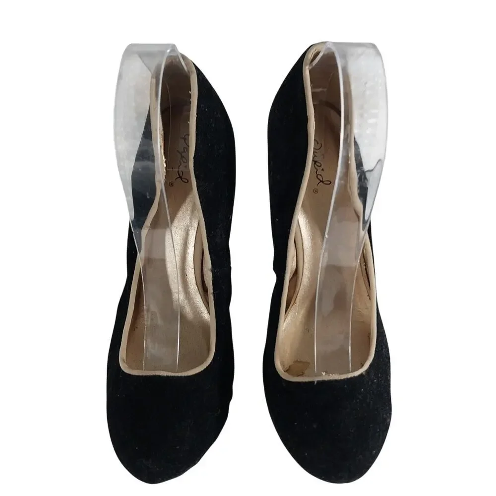 QUPID! BLACK VELVETEEN & TAN VEGAN SUEDE STILETTO PLATFORM HEELS, PUMPS! SZ 8.5M